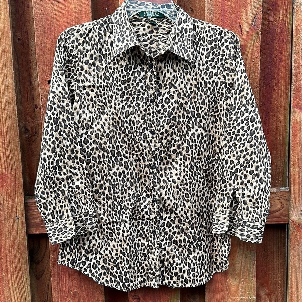 Ralph Lauren Blouse Top Women’s Button Cheetah Animal Print Long Sleeve Size M